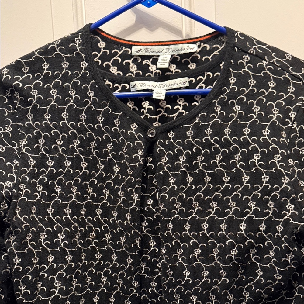 david brooks Black Cardigan and TAnk Top with White Vine Pattern